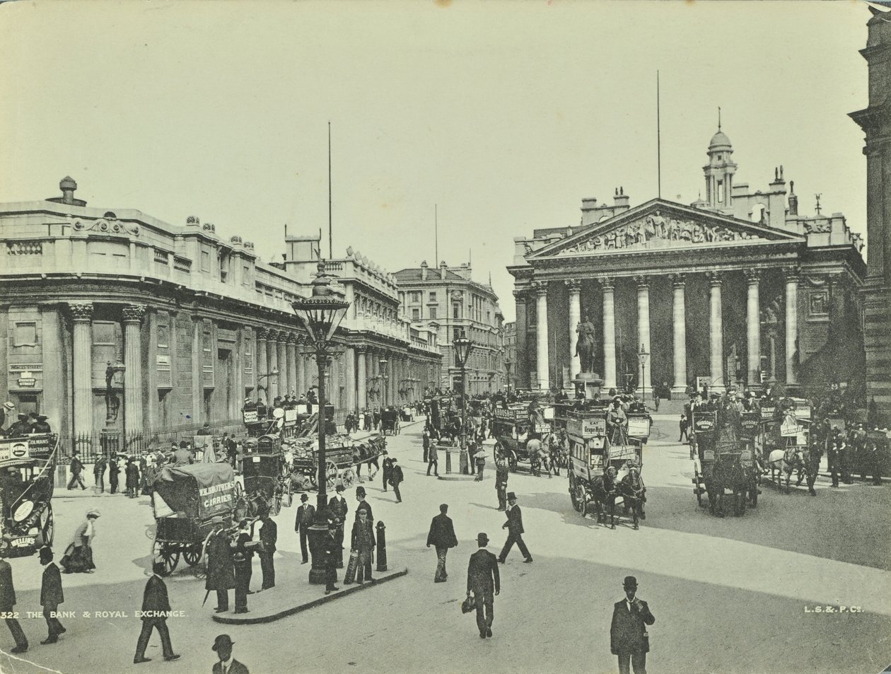 Bank of England og Royal Exchange, Threadneedle Street, City of London, 1890 af English Photographer