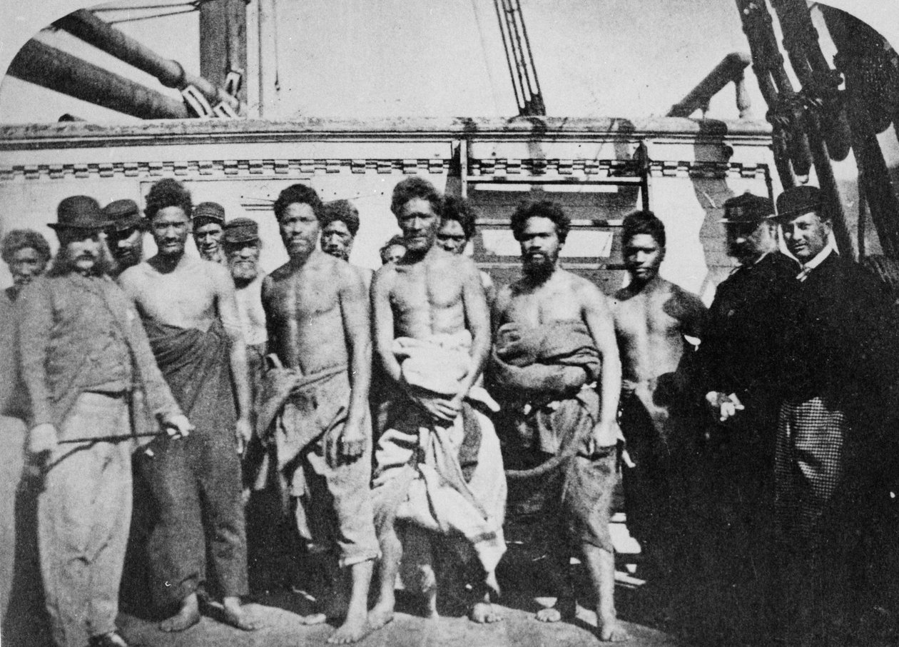 Maori-fanger om bord på en fængselshulk i Wellington Harbour, 1866 af English Photographer