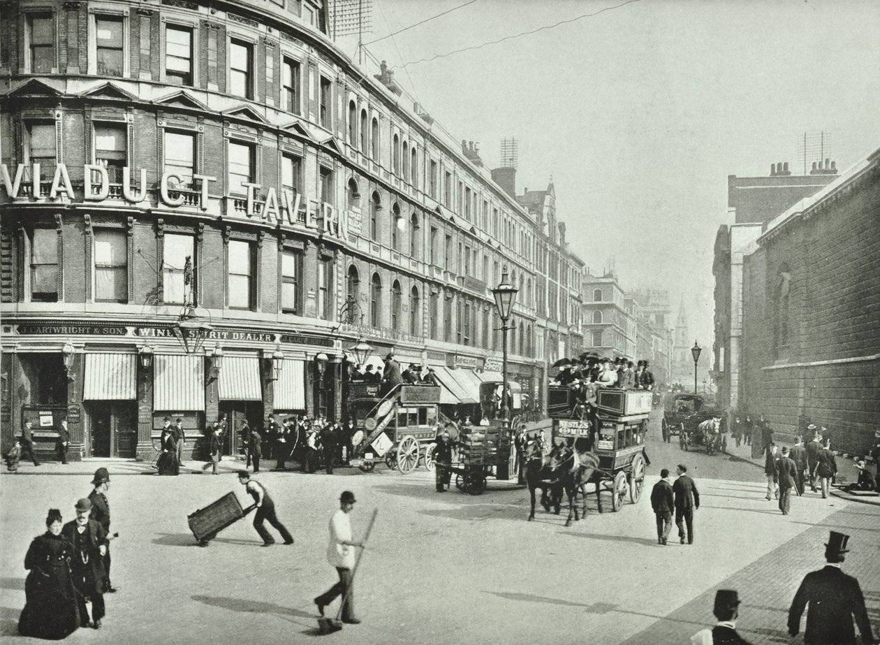 Newgate Street, med udsigt mod øst fra Old Bailey, City of London, 1890 af English Photographer