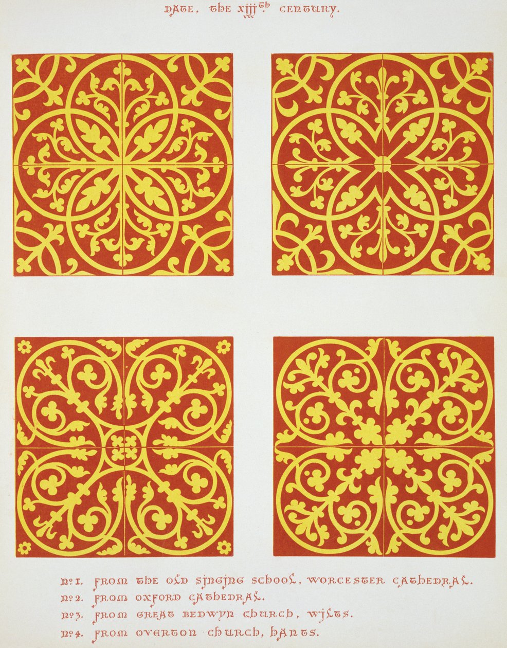Tegldesign fra det 13. århundrede, illustration fra Specimens of Tile Pavements, tegnet fra eksisterende myndigheder, af Henry Shaw, 1858 af English School