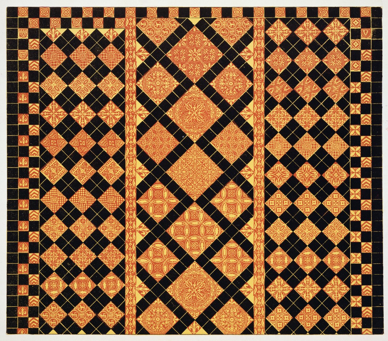 1300-tals fortov fra Worcester Cathedral Choir School, illustration fra eksemplarer af flisebelægninger, tegnet fra eksisterende myndigheder, af Henry Shaw, 1858 af English School