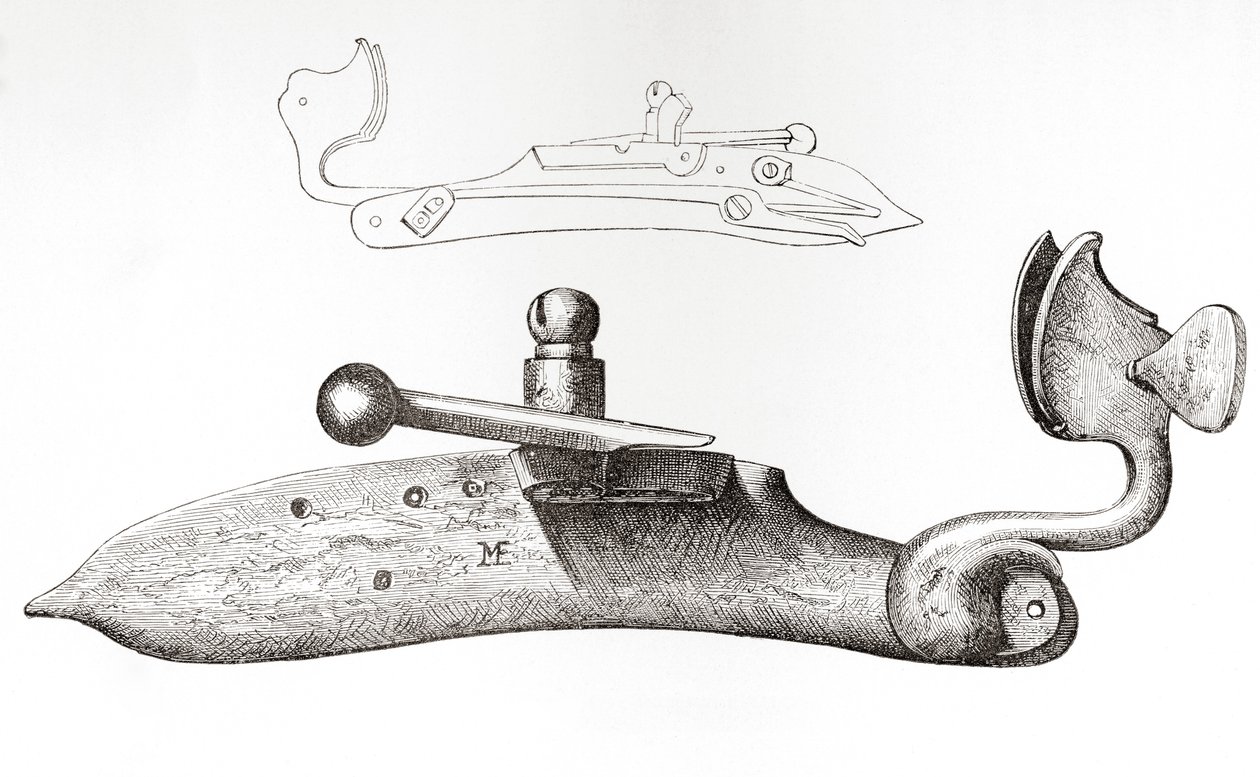 Tændstiklås fra 1600-tallet. Mekanisme eller lås, der bruges til at affyre et håndholdt skydevåben, fra The British Army: Its Origins, Progress and Equipment, udgivet 1868. af English School