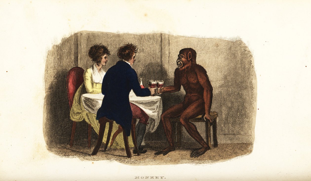 Hollandsk par fra det 18. århundrede, der drikker vin med en borneansk orangutang ved spisebordet af English School