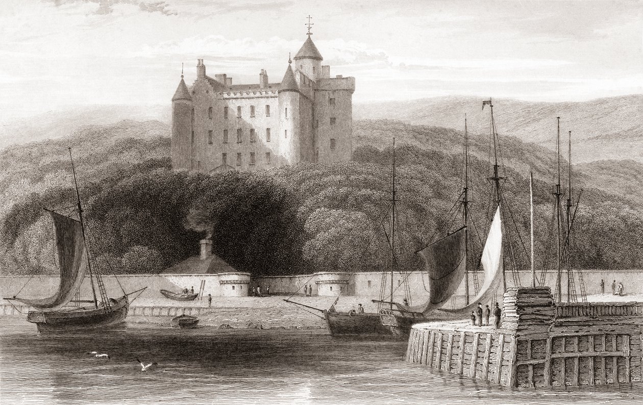 1800-tallets udsigt over Dunrobin Castle, Sutherland, Skotland. Fra Churton