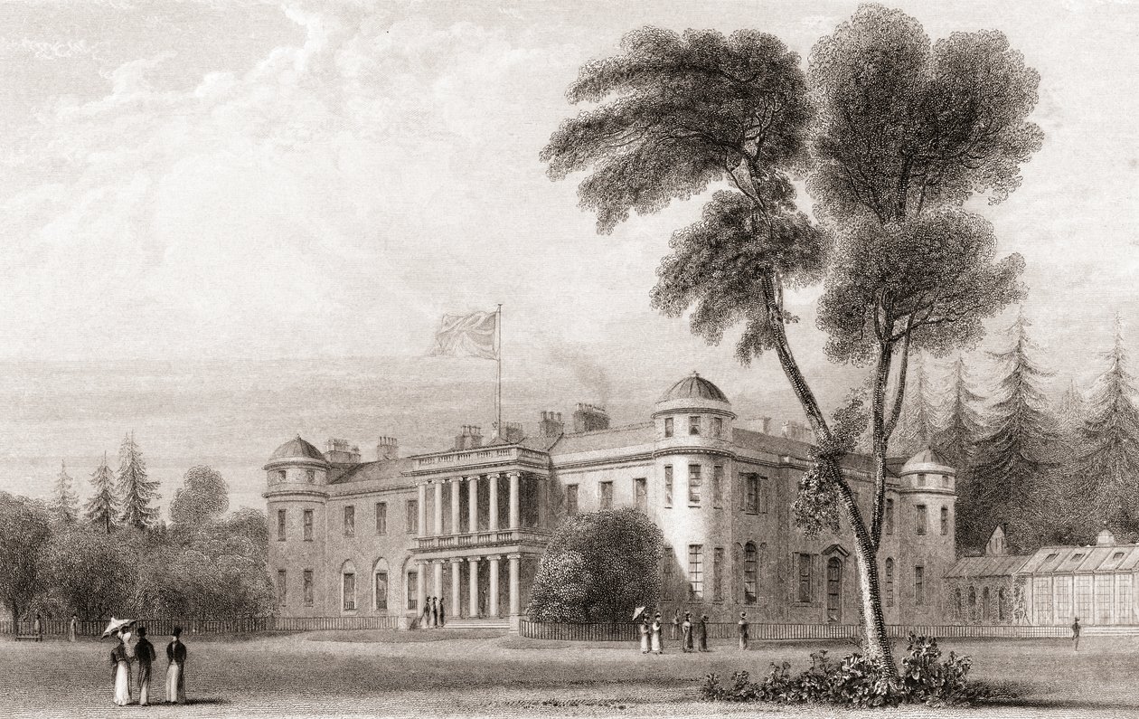Udsigt fra det 19. århundrede af Goodwood House, West Sussex, det sydlige England. Fra Churton