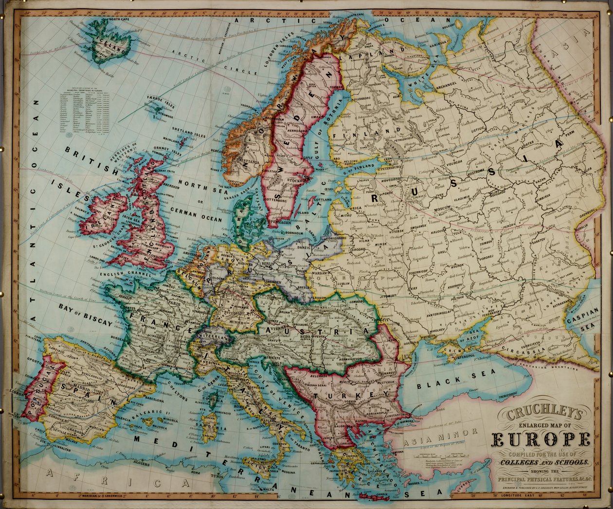 Et farvet kort over Europa fra det 19. århundrede, kompileret til brug på gymnasier og skoler. af English School