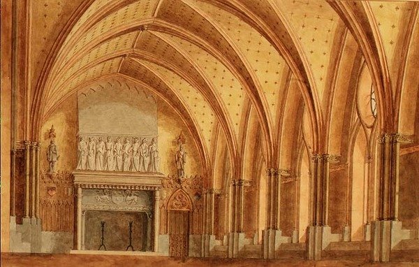 A Baronial Hall, ca. 1840 (akvarel) af English School