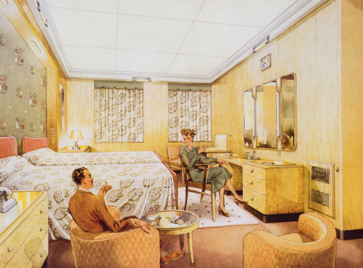 Et soveværelse ombord på RMS Caronia, ca. 1950 af English School