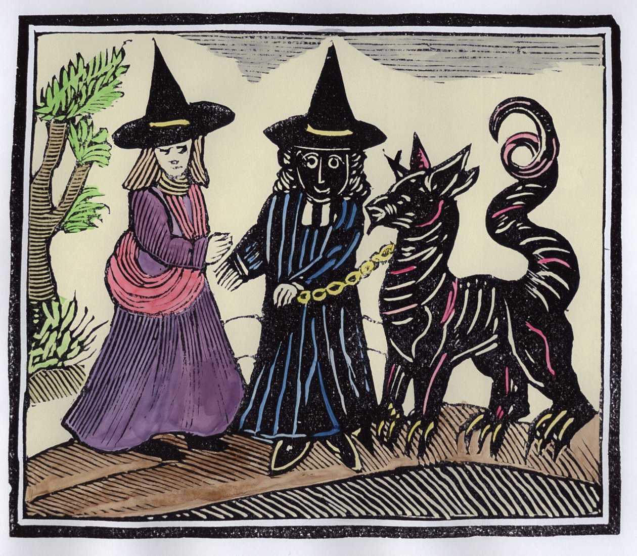 En sort og en hvid heks med et djæveldyr, illustration fra en samling kapbøger om esoterica (senere farvelægning) af English School