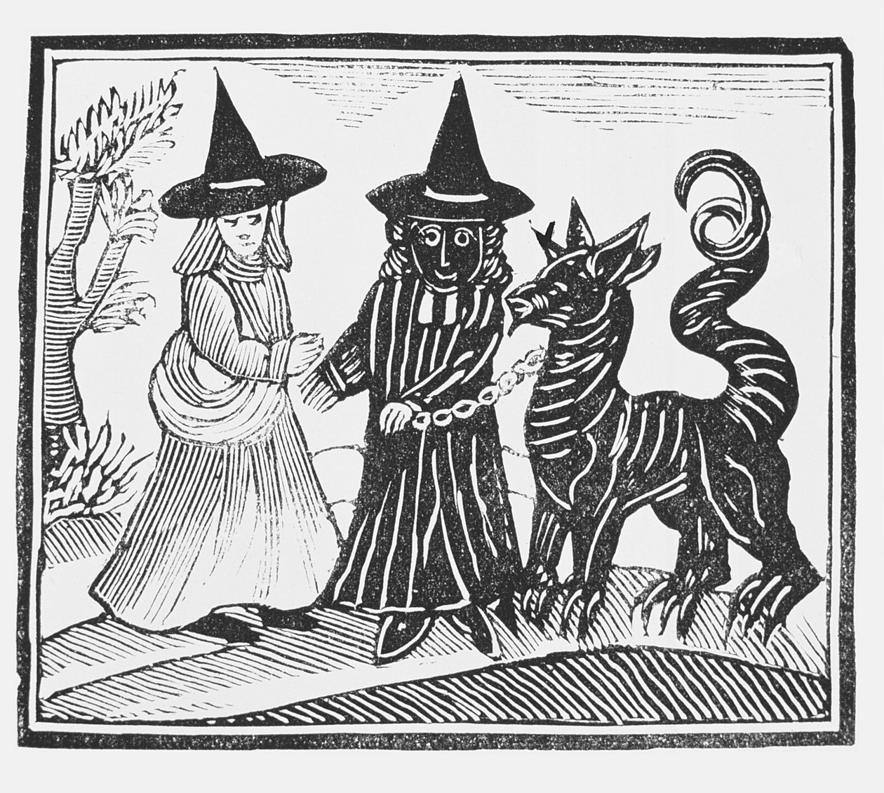 En sort og en hvid heks med et djæveldyr, illustration fra en samling kapbøger om esoterica af English School