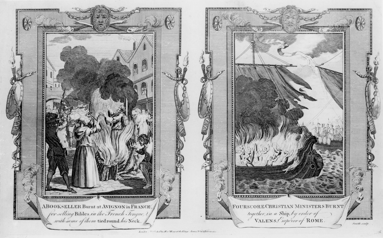 En boghandler brændt i Avignon i Frankrig for at sælge bibler på det franske sprog med nogle af dem bundet om halsen og fire snesevis kristne præster brændt sammen i et skib efter ordre fra Valens (32. af English School
