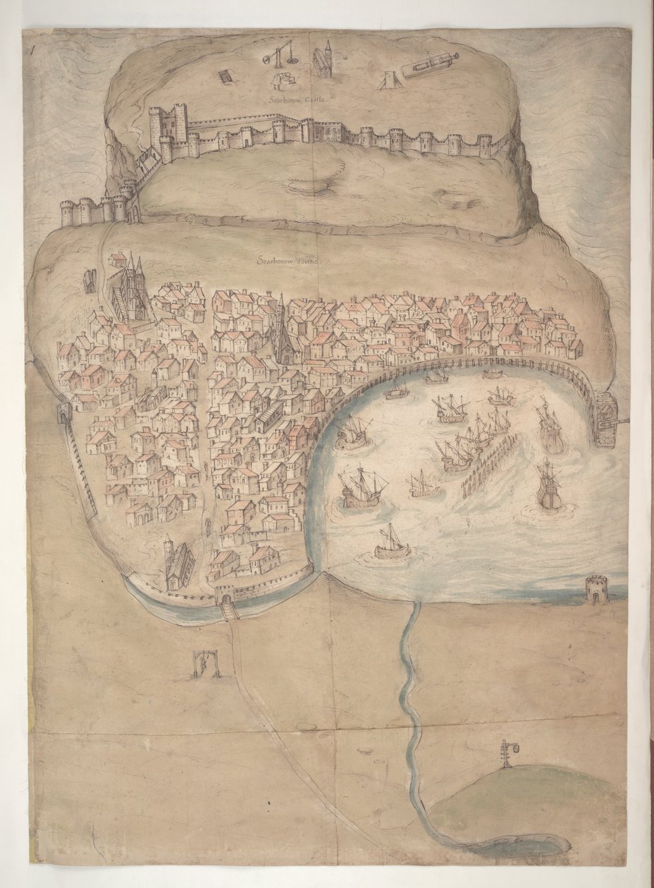 En farvet plan eller fugleperspektiv af Scarborough Town og Castle af English School