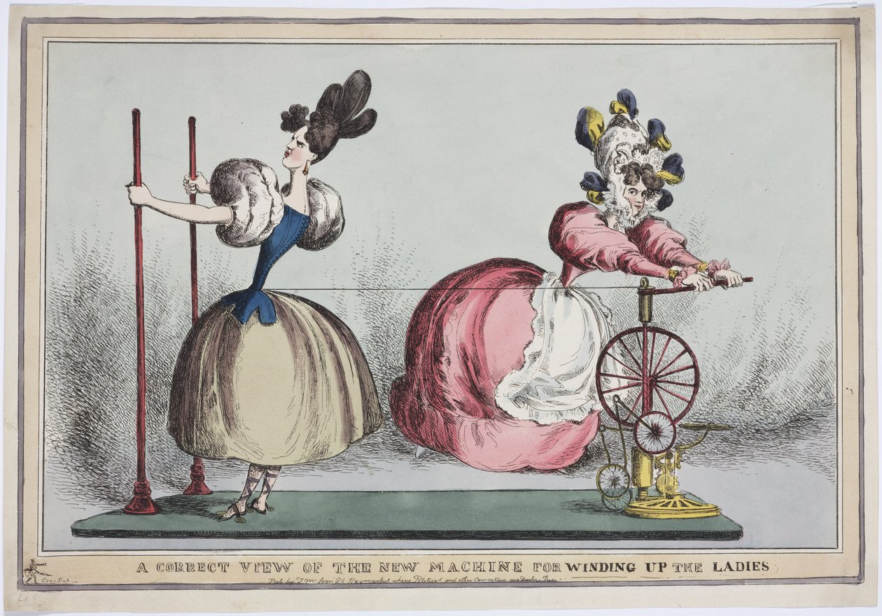 A Correct View of the New Machine for Winding Up the Ladies, udgivet af Thomas McLean, ca. 1830 (farvet radering) af English School