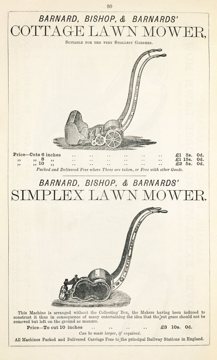 A Cottage and Simplex plæneklipper, illustration fra et havekatalog, udgivet af Barnard Bishop & Barnard, 1878 af English School