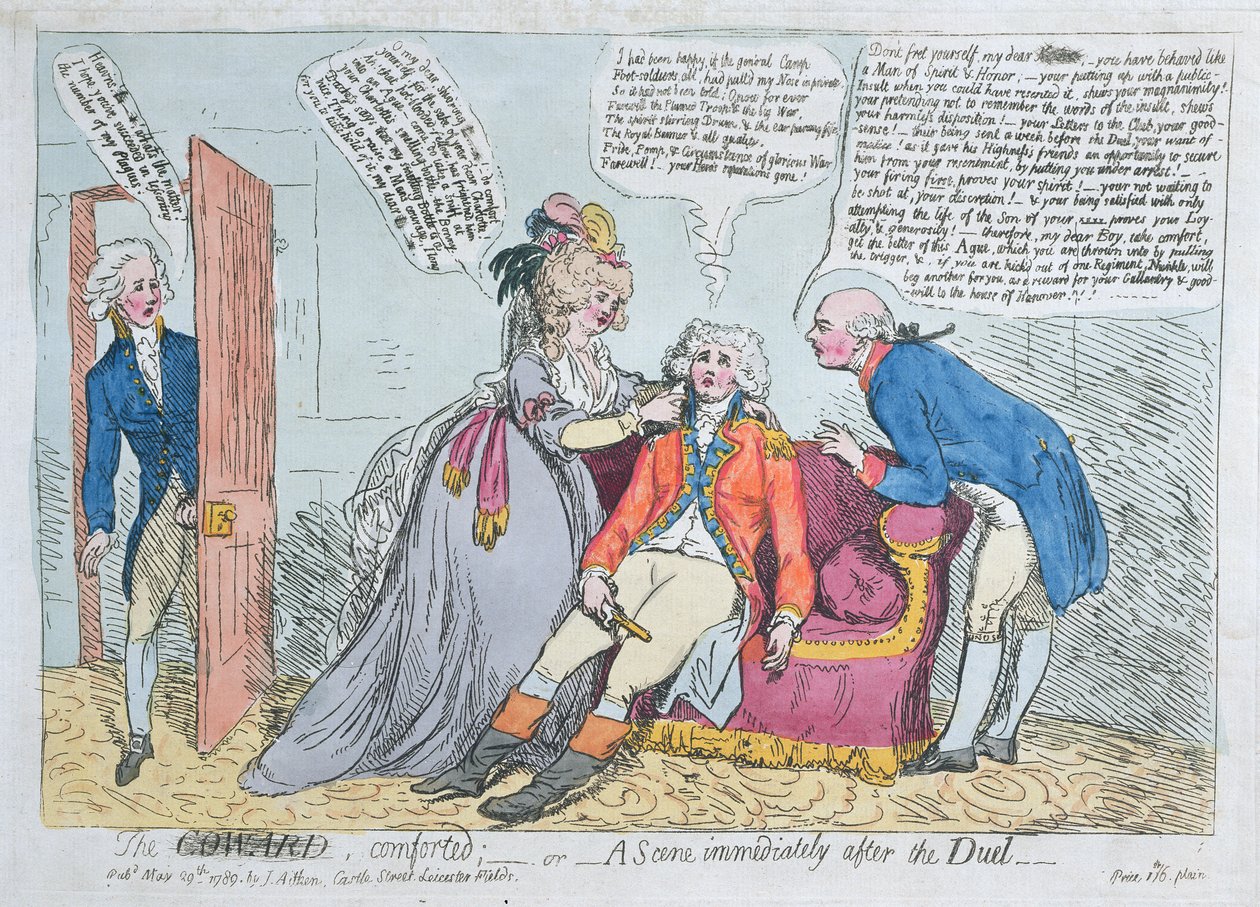 En fej trøstet, eller en scene umiddelbart efter duellen, udgivet af J. Aitken i 1789 (håndkoloreret radering) af English School