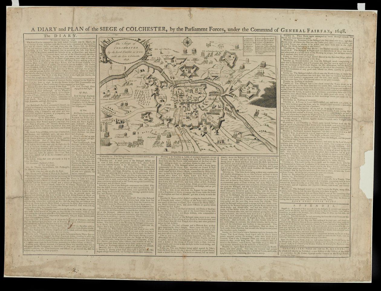 A Diary and Pictorial Plan of the Siege of Colchester 1648, trykt og solgt af W. Keymer, 1648 af English School