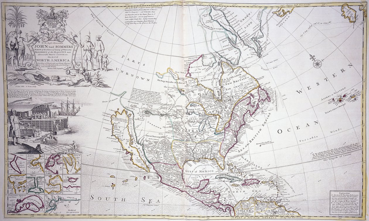 Et dobbeltsidet kort over Nordamerika, ca. 1708-20 af English School
