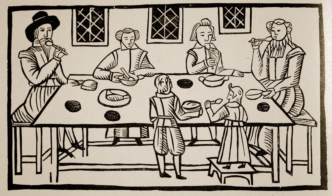 Et familiemåltid, ca. 1600 (sepia-billede) af English School