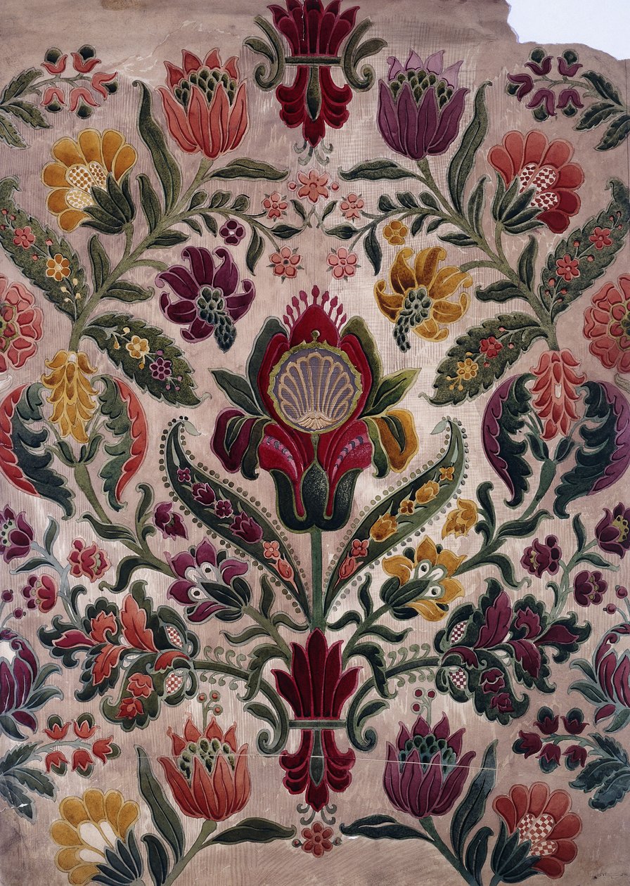 En fuldfarvet tegneserie af gobelin, silke eller tapet, ca. 1830-40 af English School