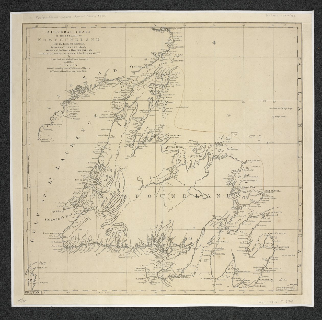 Et generelt diagram over øen Newfoundland med klipperne og sonderingen, tegnet fra undersøgelser taget ... Af James Cook og Michael Lane af English School