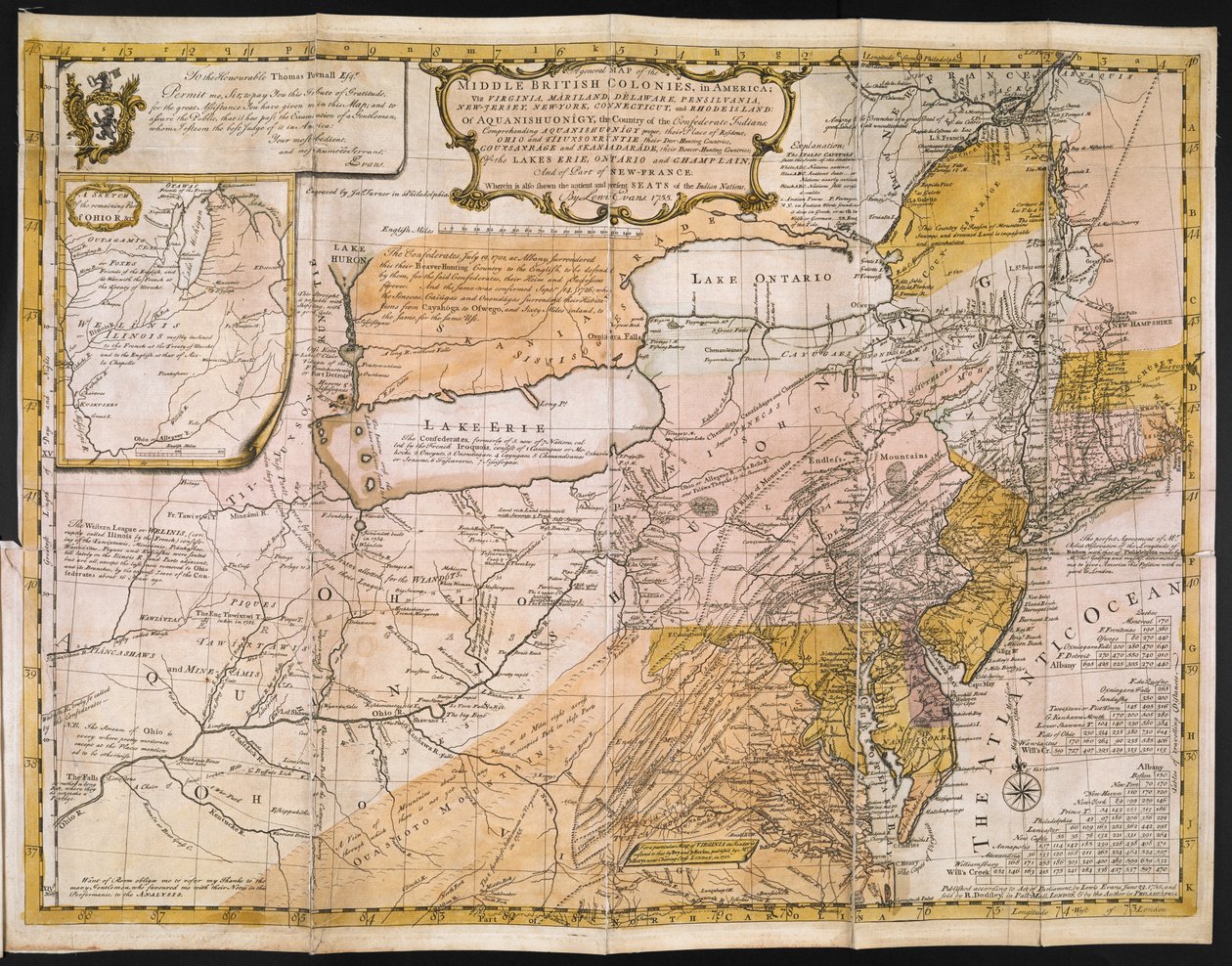 Et generelt kort over de mellembritiske kolonier i Amerika; dvs. Virginia, Mariland, Delaware, Pensilvania, New-Jersey, New-York, Connecticut og Rhode Island: af Aquanishuonîgy, de konfødererede indianeres land. . . Af søerne Erie, Ontario og Ch af English School