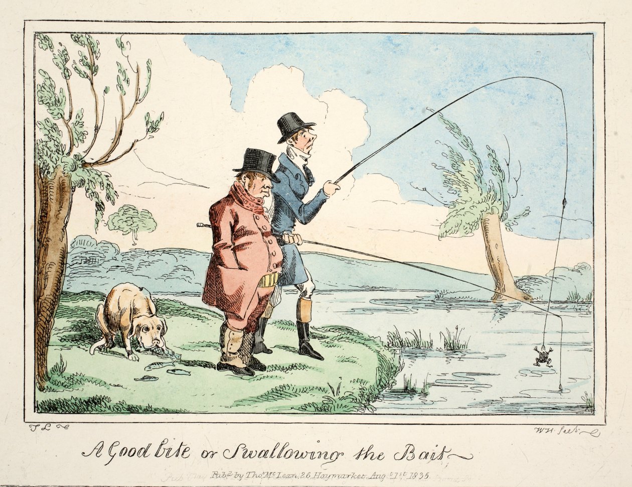 En god bid eller at sluge agnen, pub. 1835 (håndfarvet gravering) af English School