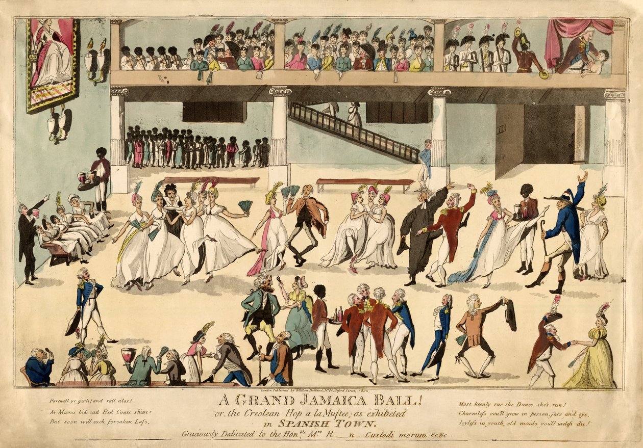En Grand Jamaica Ball eller Creole Hop a la Muftee i Spanish Town, pub. 1802 (håndfarvet gravering) af English School