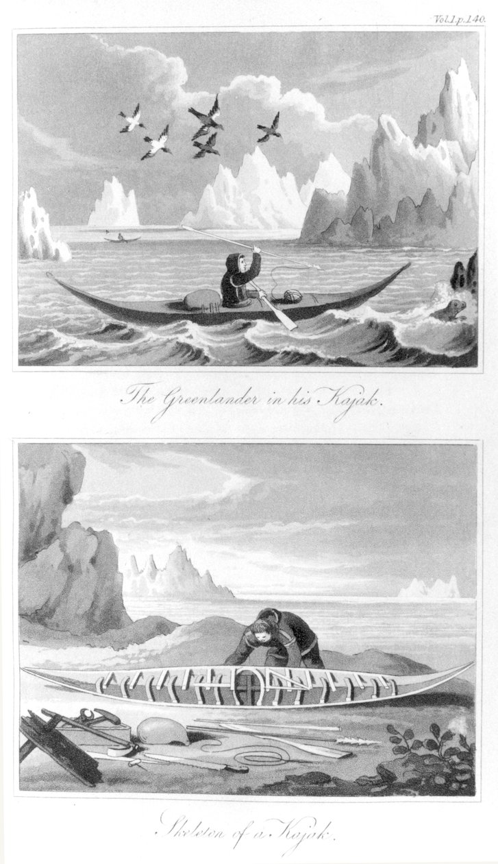 En grønlænder og hans kajak, fra History of Greenland af David Crantz, 1820 af English School
