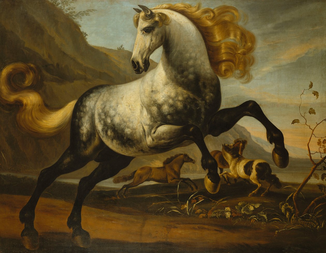 En grå skridende hingst med flydende manke med hingste, der kæmper i et klippelandskab, af English School