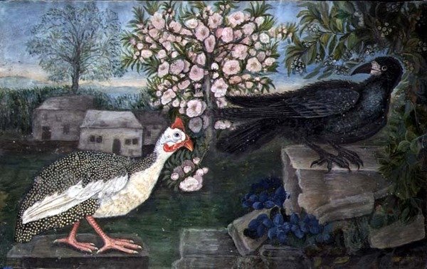 En perlehøne og en tårnfalk i et landskab, ca. 1800 (akvarel, gouache på papir) af English School