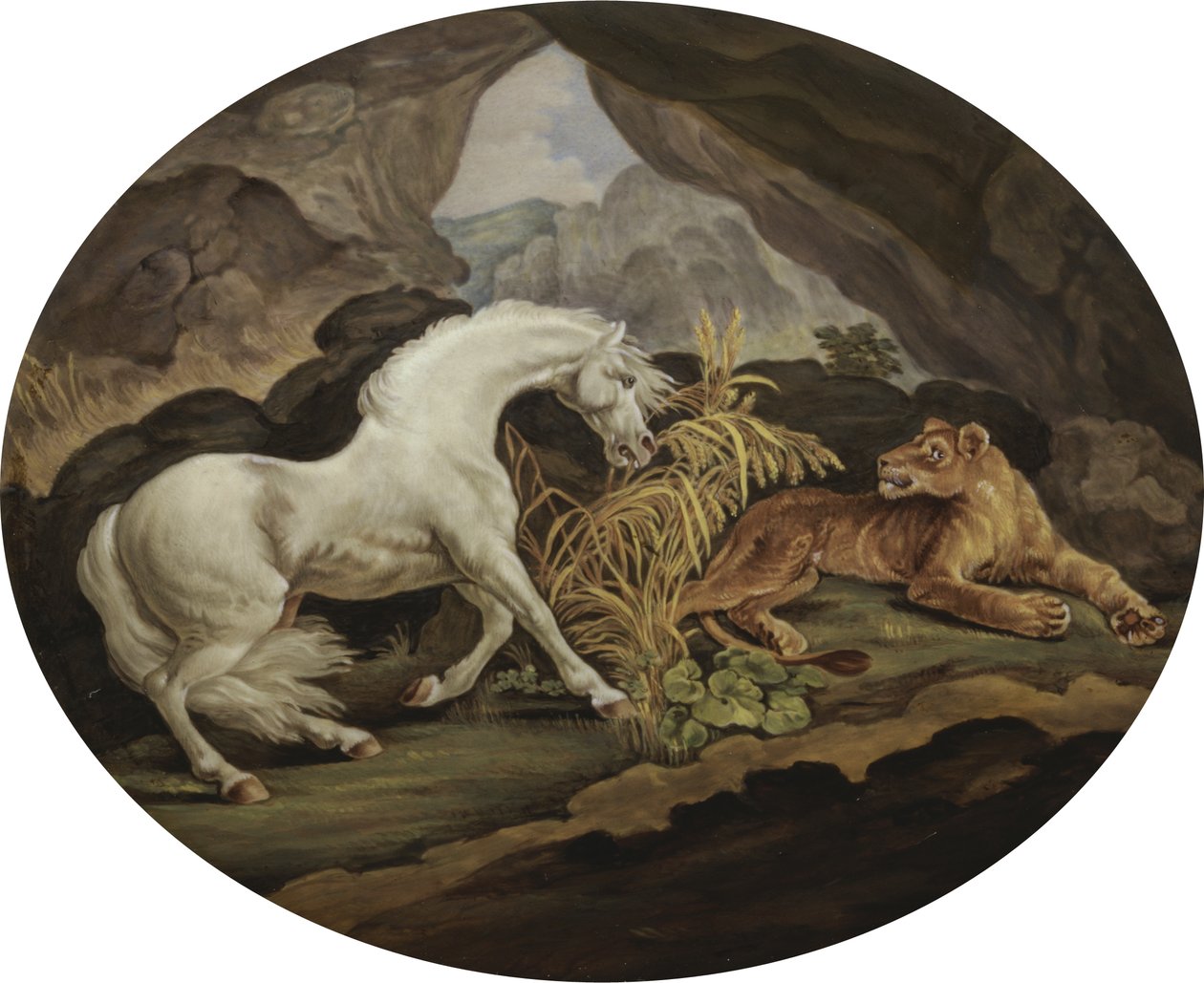 En hest skræmt af en løvinde efter George Stubbs (1724-1806) (emaljeplade) af English School