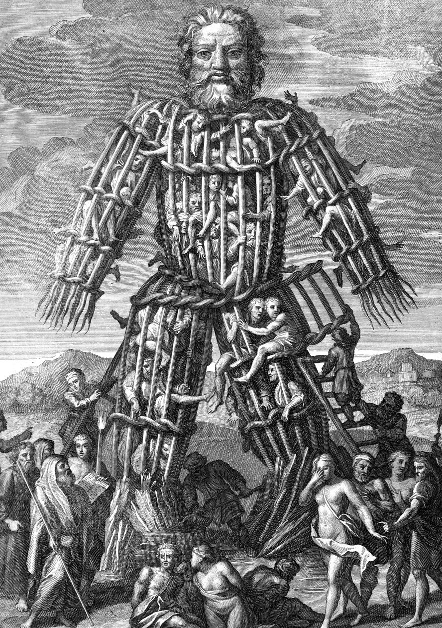 En kæmpe kolos lavet af Osier-kviste, hvor mænd blev brændt levende til Gudernes ære, indgraveret af Cornelis Huyberts, illustration til Caesars Commentaries oversat til engelsk af William Duncan, af English School