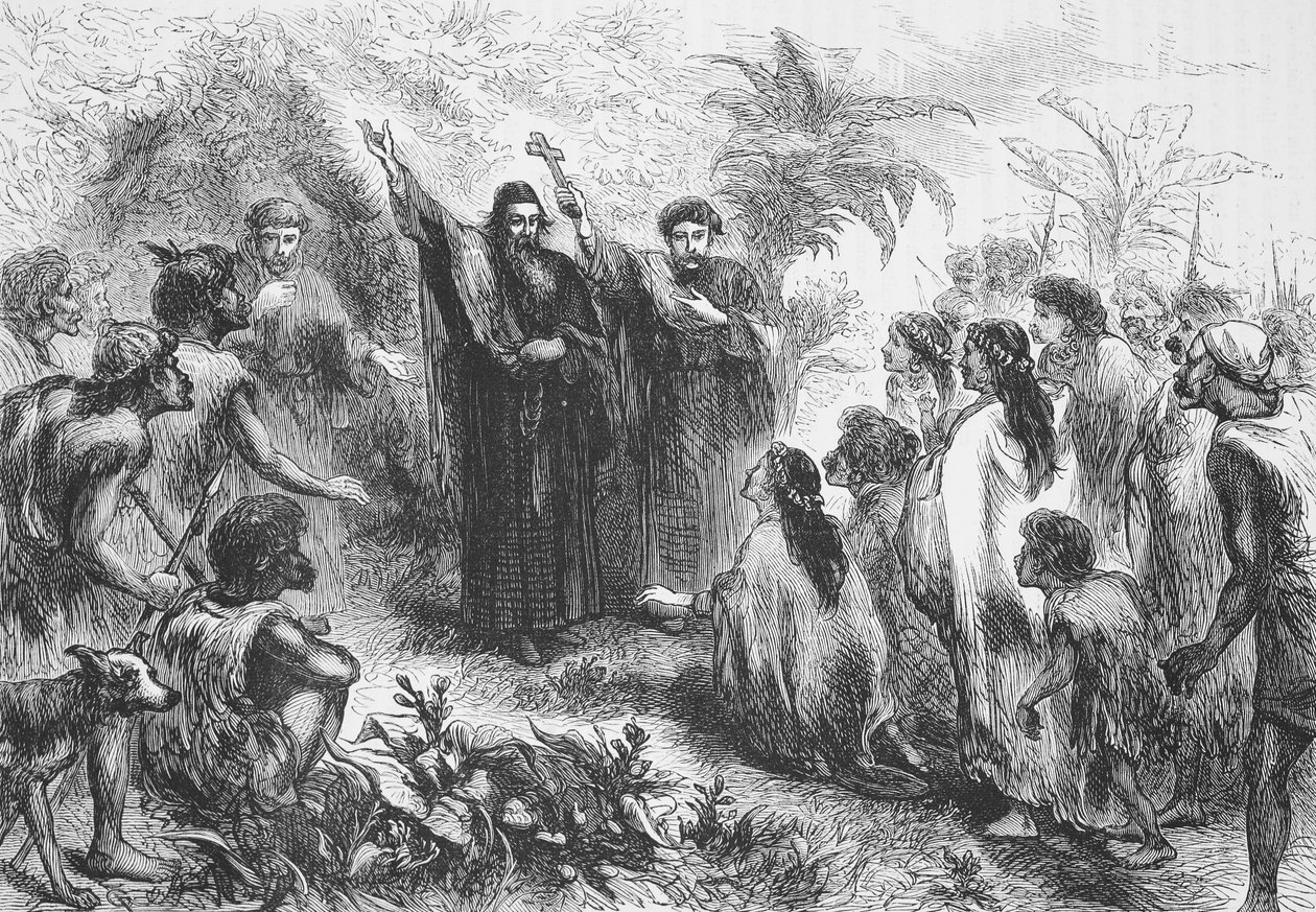 En jesuitermissionær, der prædiker for en indianerstamme, illustration fra The History of Protestantism af James Aitken Wylie (1808-1890), pub. 1878 af English School