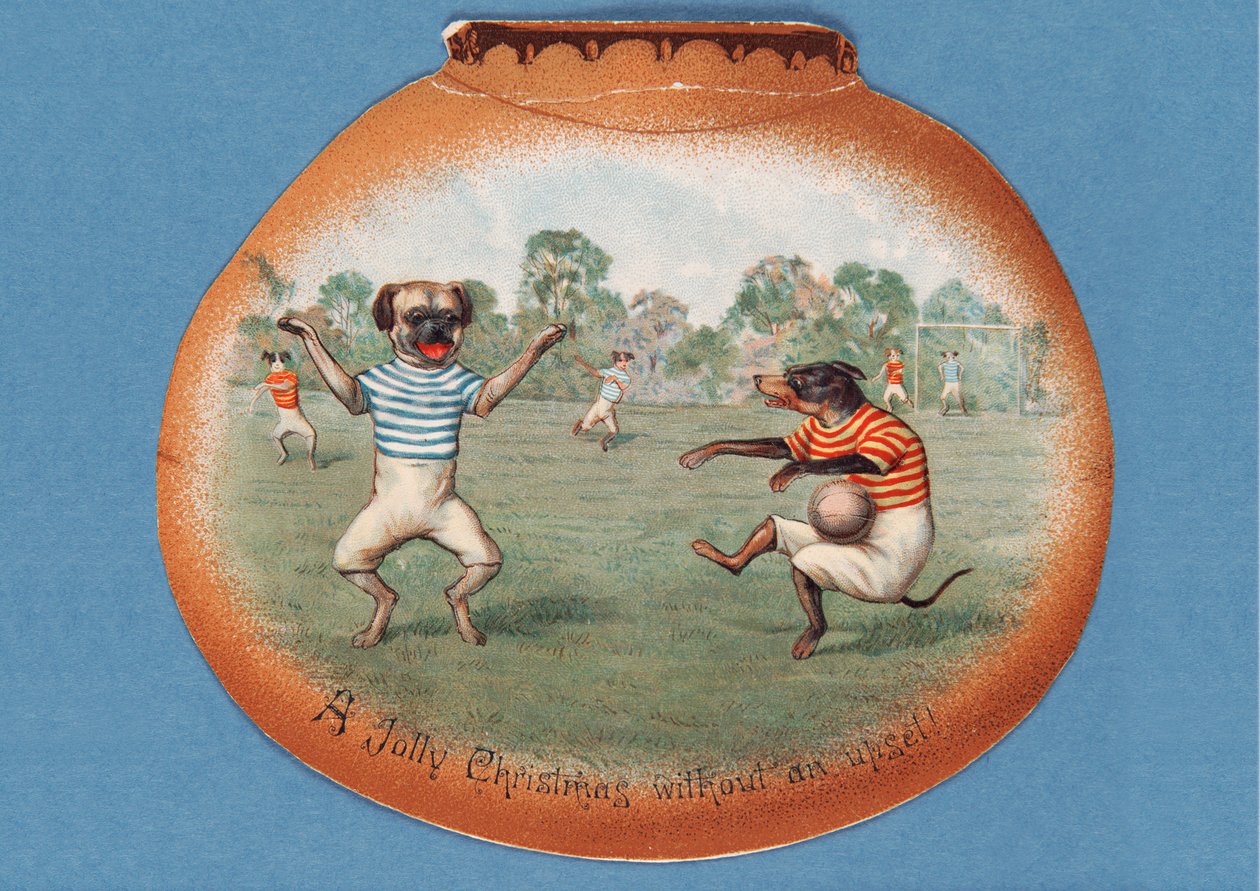A Jolly Christmas Without an Upset!, julekort, der viser en fodboldkamp mellem hunde, ca. 1890