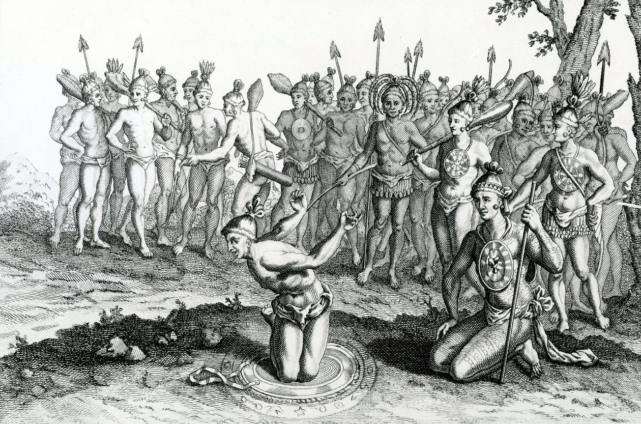 En konge af Florida, der konsulterede sin tryllekunstner, før han gik til kamp, illustration taget fra Moores Voyages and Travels, 1778 af English School