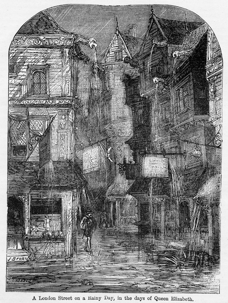 A London Street on a Rainy Day, in the days of Queen Elizabeth, illustration fra 