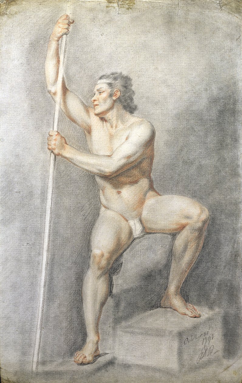 En nøgen mand holder en stav, ca. 1770 (farvet kridt på papir) af English School