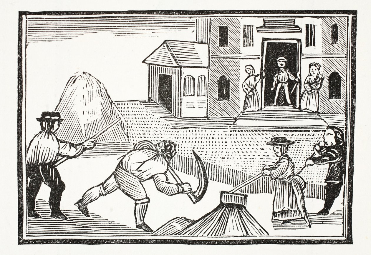En mand, der slår græs med en le, som tog alt før sig, illustration fra Chap-books of the Eighteenth Century af John Ashton, pub. 1882 af English School