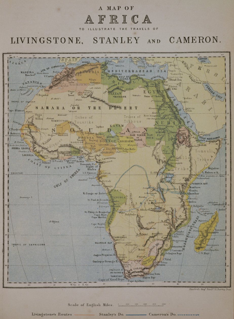 Et kort over Afrika til at illustrere rejserne af David Livingstone (1813-73), Henry Morton Stanley (1841-1904) og Verney Lovett Cameron (1844-94) af English School