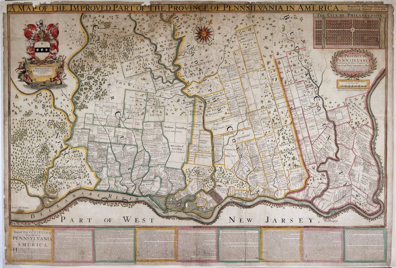 Et kort over den forbedrede del af provinsen Pennsylvania i Amerika, af Thomas Holme af English School