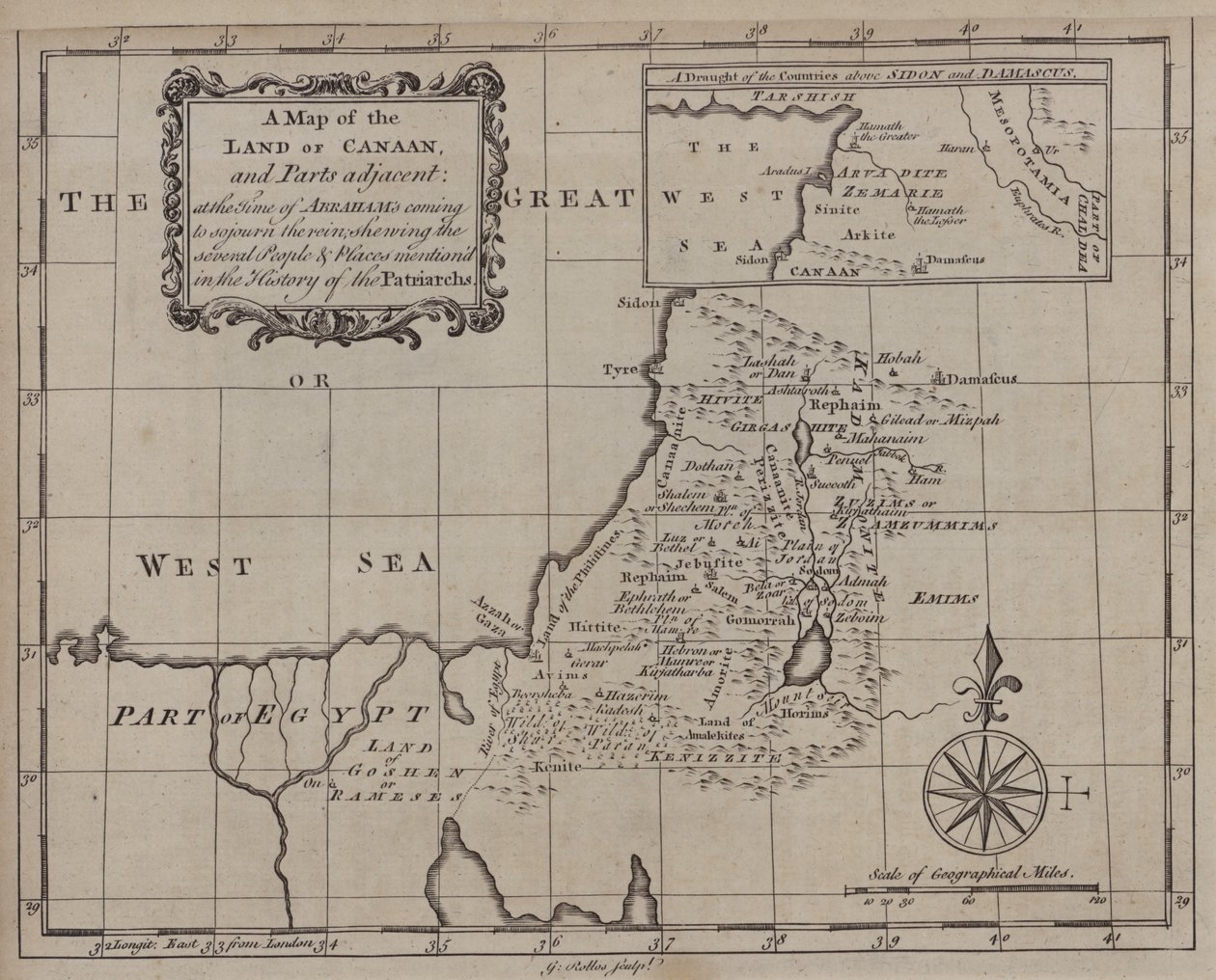 Et kort over Kanaans land og tilstødende dele på det tidspunkt, hvor Abraham kom for at opholde sig i landet, med angivelse af de forskellige mennesker og steder, der er nævnt i patriarkernes historie (kobberstik) af English School