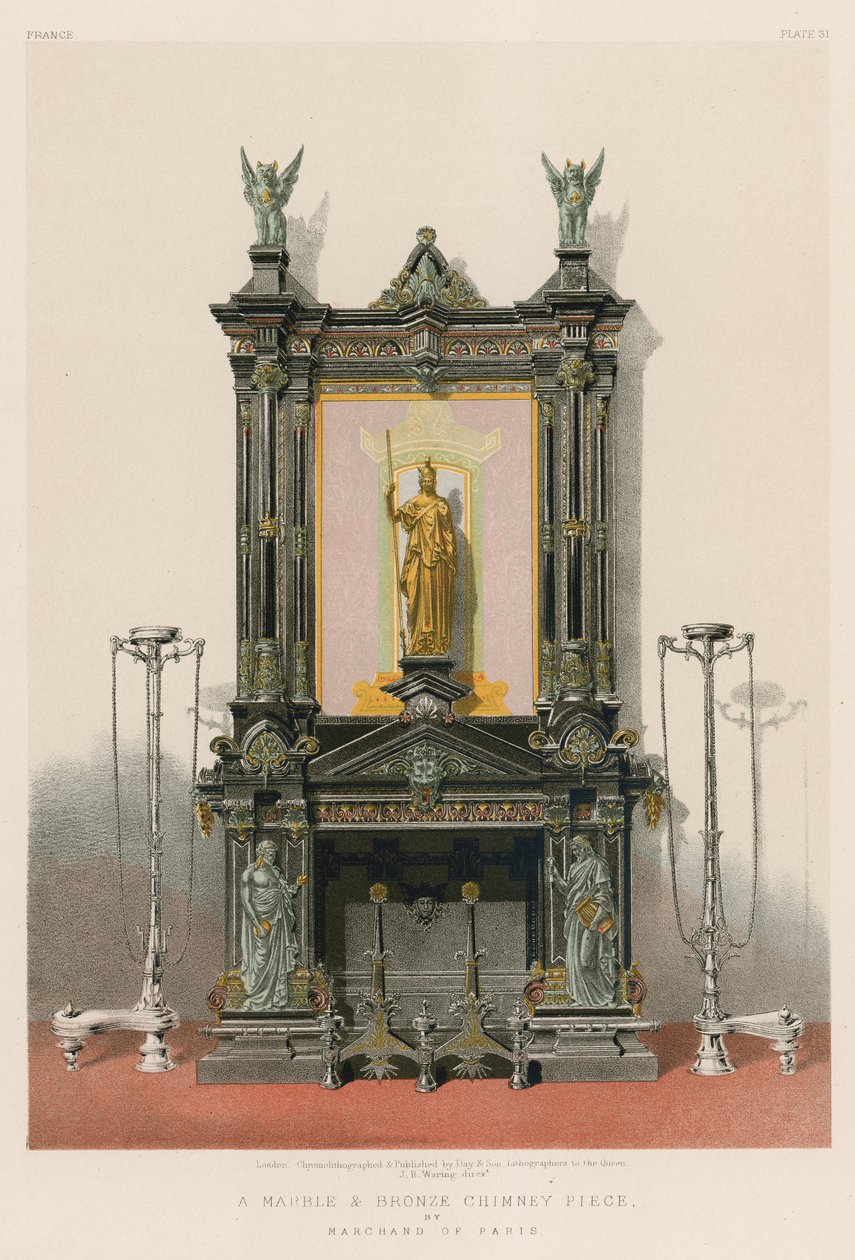 Et skorstensstykke i marmor og bronze af Marchand fra Paris (chromolitho) af English School