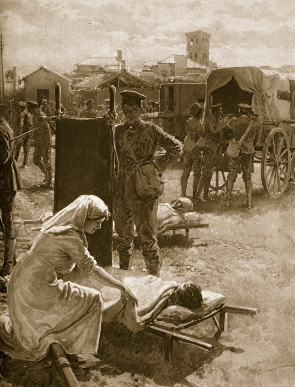 En lægestation, der beskæftiger sig med sårede soldater, 1914-19 af English School