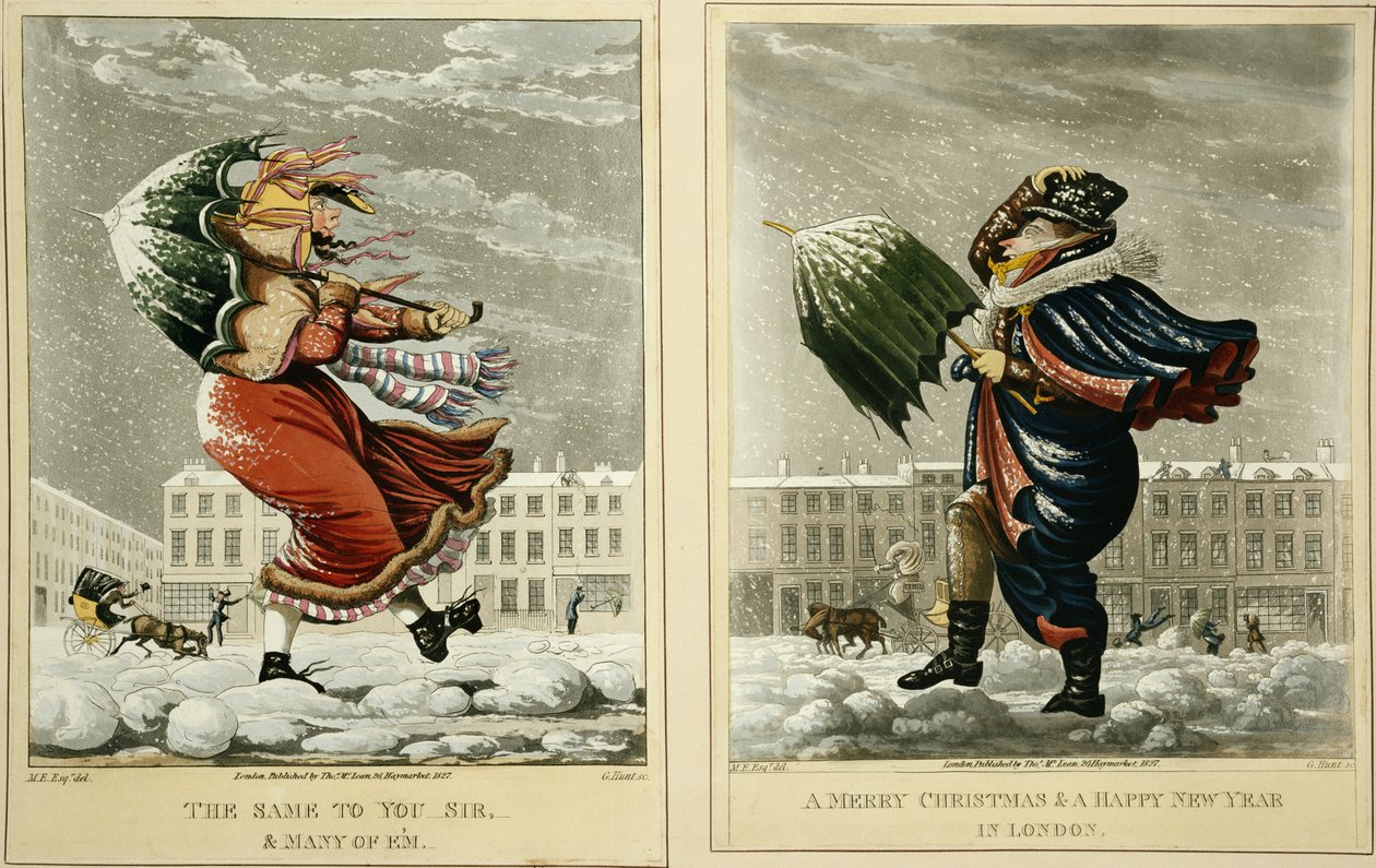 En glædelig jul og et godt nytår i London: And the Same to You, Sir, and Many of Em, graveret af G. Hunt, 1827 af English School