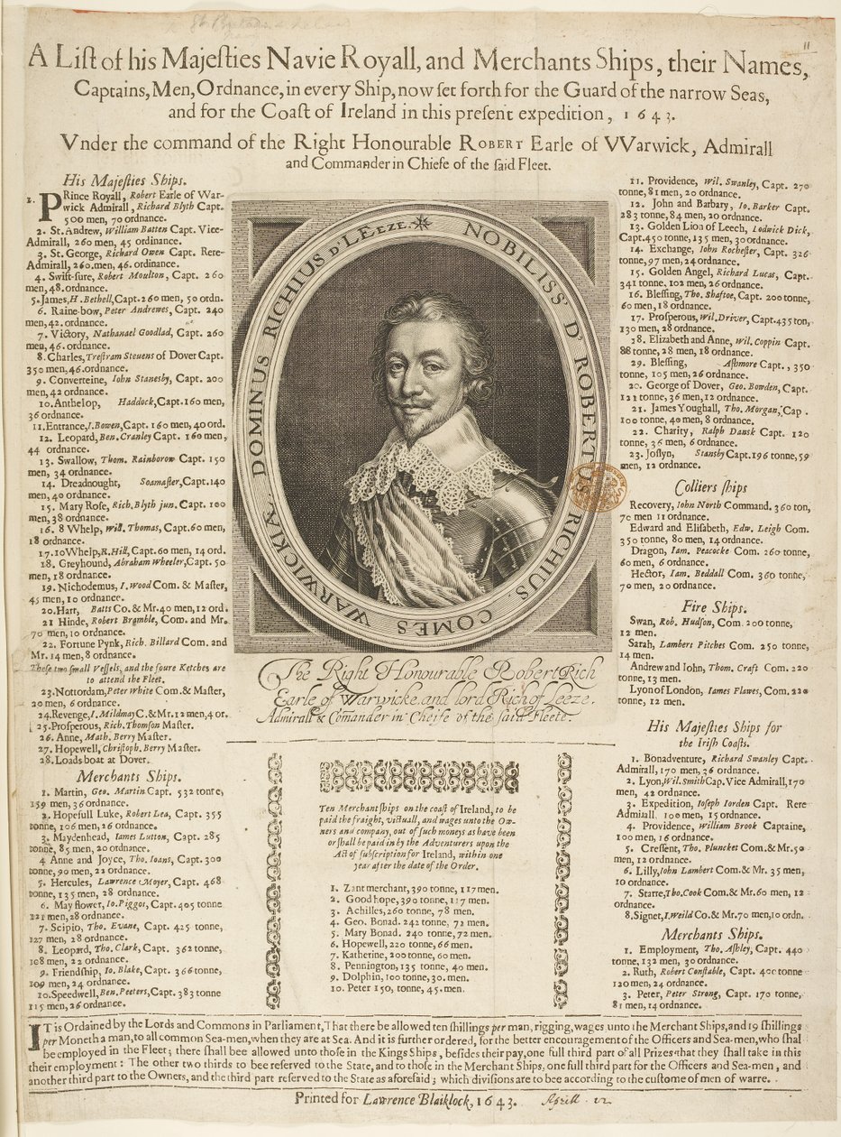 En søfartsliste med portræt af jarlen af Warwick af English School