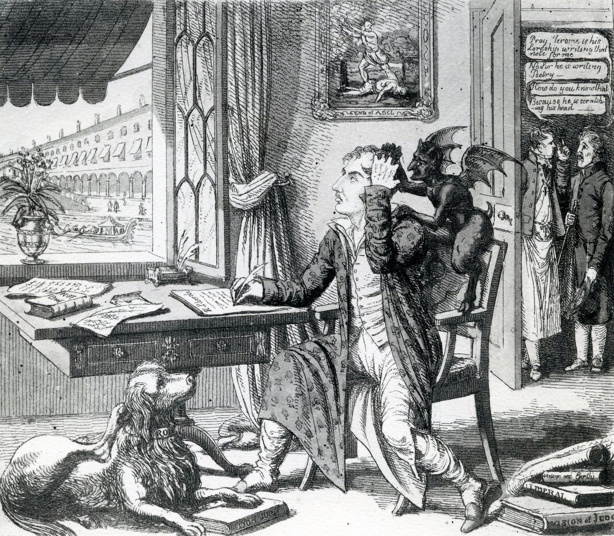A Noble Poet - Scratching up his Ideas, udgivet af J. Johnston, 1823 af English School