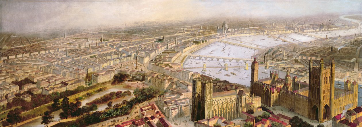 En panoramaudsigt over London fra Westminster, ca. 1858 af English School