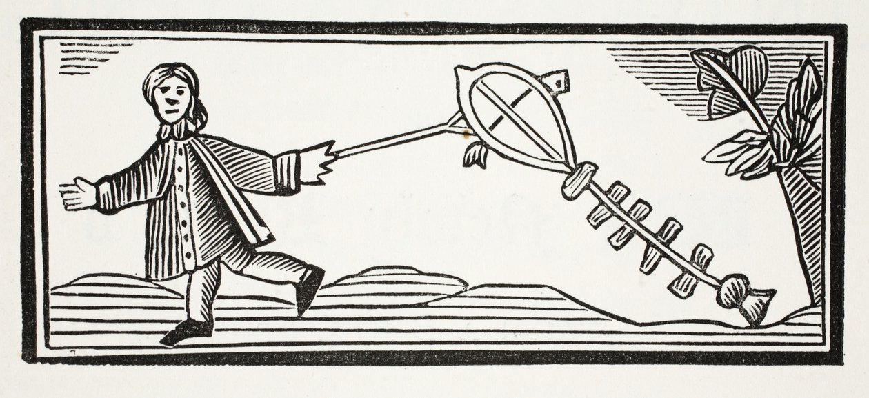En papirdrage, der sætter sig op i den høje luft, illustration fra Chap-books of the Eighteenth Century af John Ashton, pub. 1882 af English School