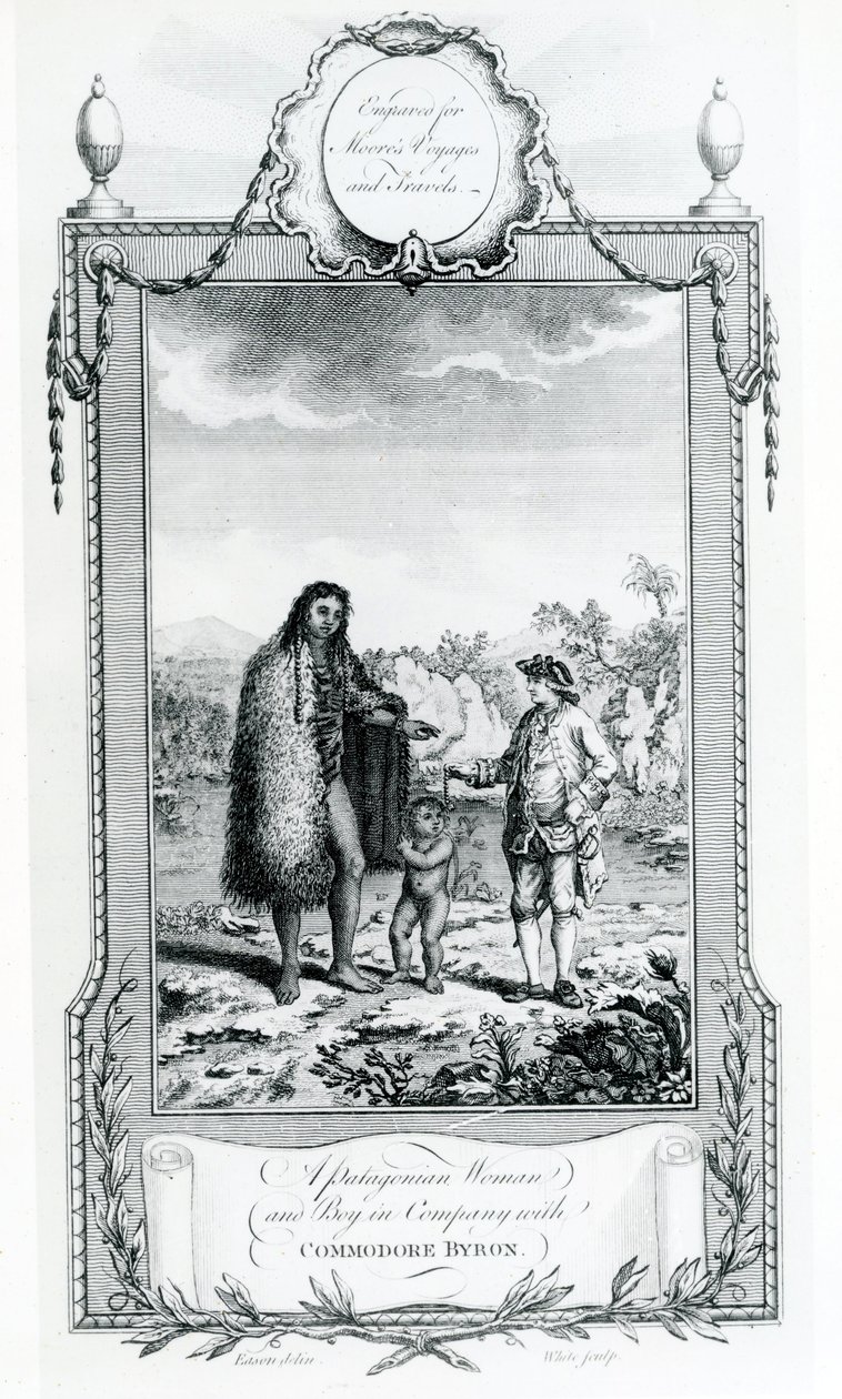 A Patagonian Woman and Boy in Company with Commodore Byron, illustration taget fra Moores Voyages and Travels, 1778 af English School