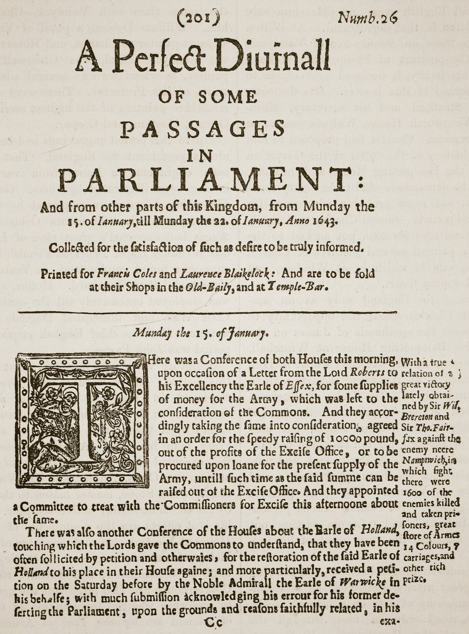 A Perfect Diurnall, faksimile på forsiden af udgave 26, 1643, illustration fra Cassells Illustrated History of England (sepiafoto) af English School